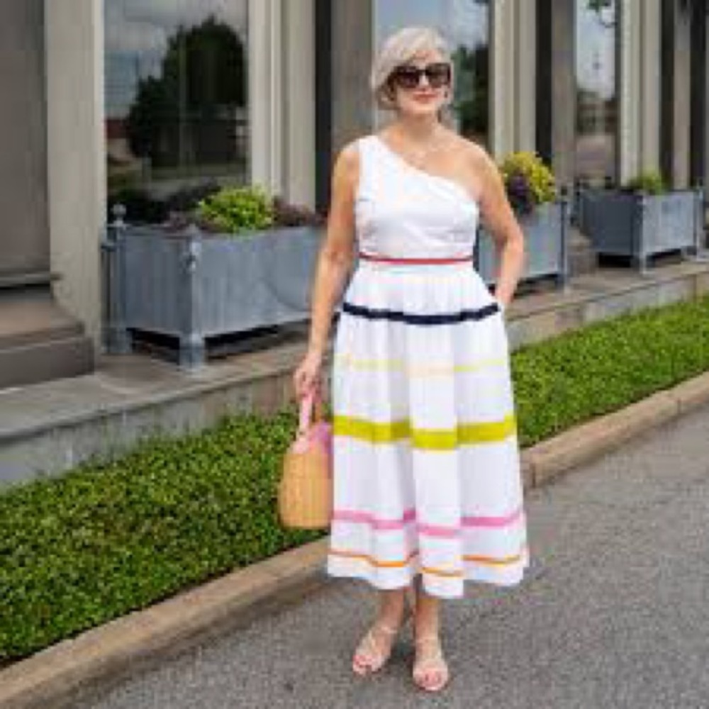 J. Crew White One-Shoulder Dress with Bold Stripes Size 6 NWT - Picture 2 of 8